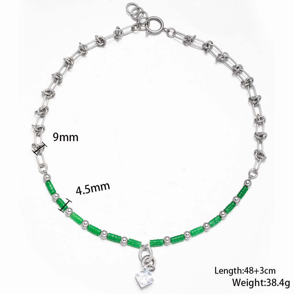 Green Bamboo Shaped Stone Necklace with Stainless Steel Chain – Minimalist Handmade Jewelry for Women