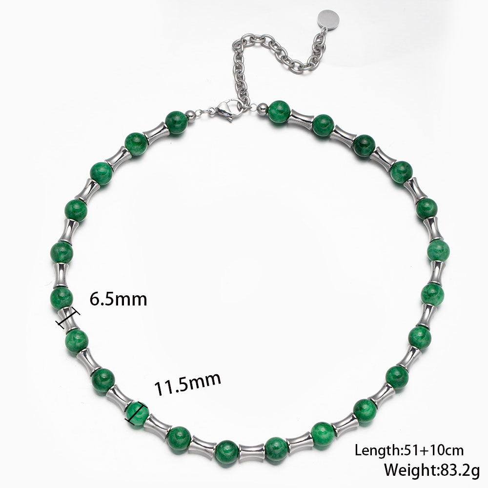 Green Round Bead Bamboo Stainless Steel Necklace – Minimalist Handmade Jewelry for Women