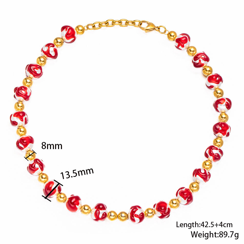 Dawn Glow Necklace with White Beads and Red Accents on 316 Stainless Steel 18K Gold Plated Chain – Unisex Handmade Jewelry