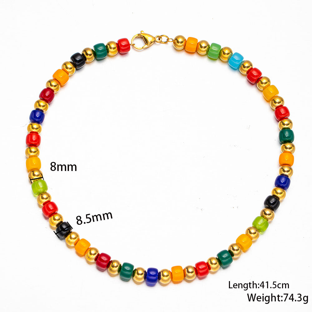 Color Glow Necklace with Multicolor Natural Stones and 316 Stainless Steel 18K Gold Beads – Unisex Handmade Jewelry
