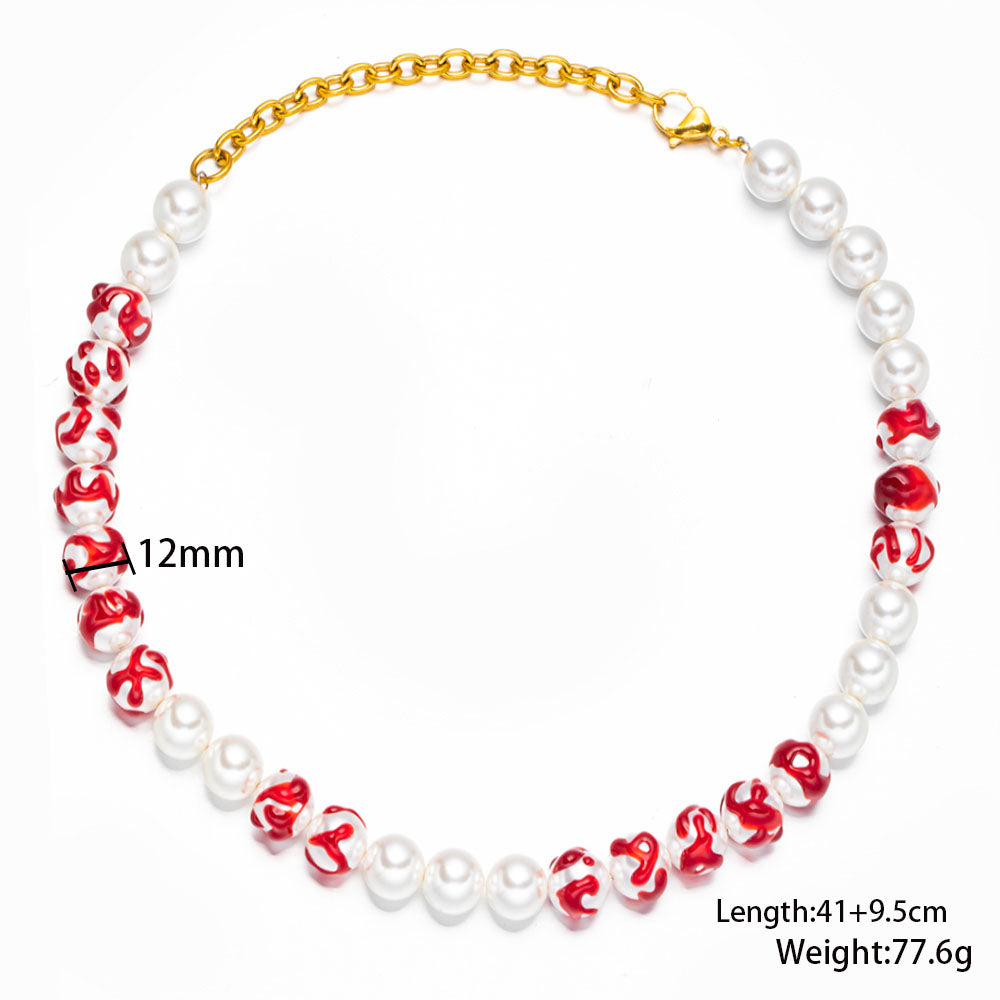 Ember Accent Necklace with White Beads and Red Raised Column Details – Unisex Handmade Jewelry