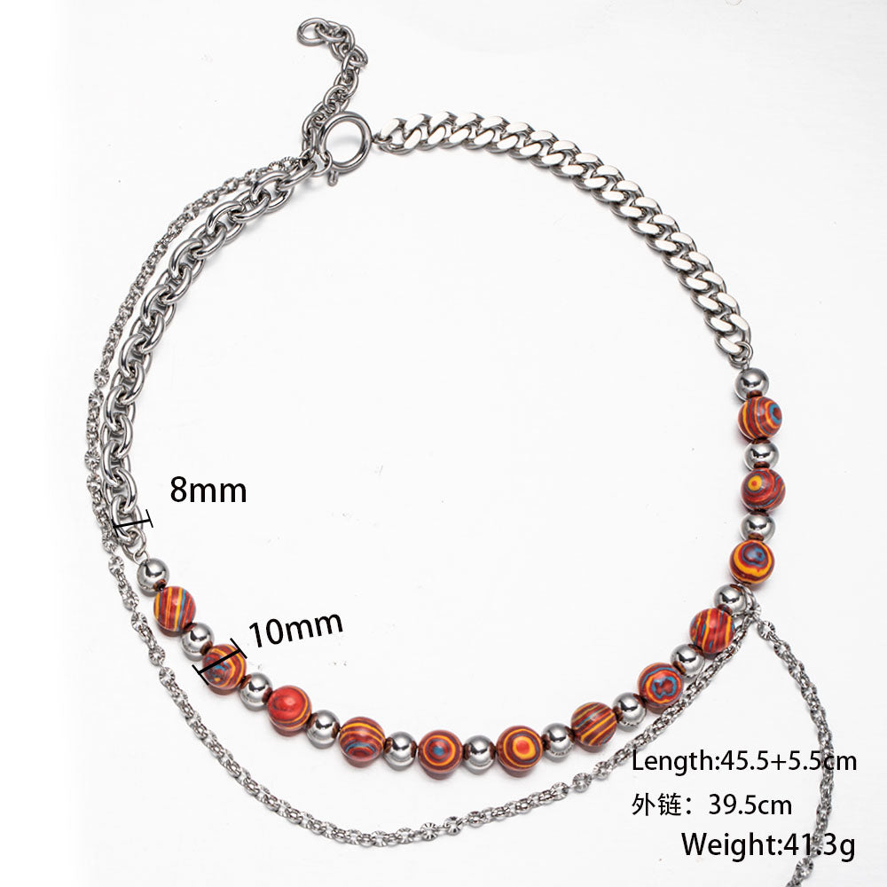Cosmic Orbit Double-Layer Necklace – Stainless Steel Chain with Planet-Inspired Beads, Unisex Handmade Jewelry