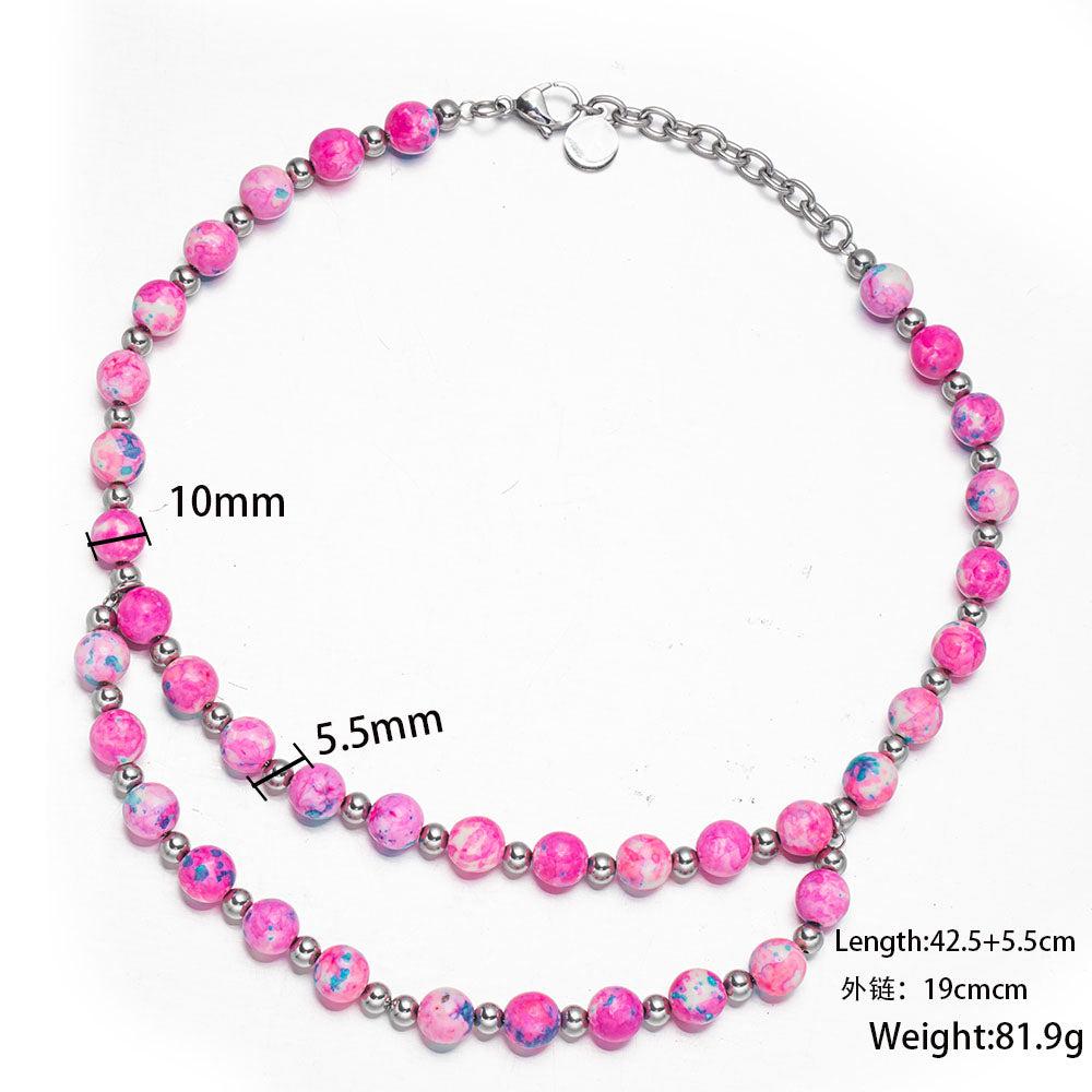 Rose Radiance Double-Layer Necklace with Rose-Red Stone Beads – Unisex Handmade Jewelry