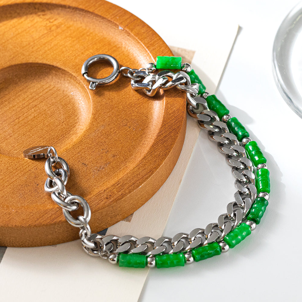 Green Bamboo & Cuban Chain Layered Bracelet