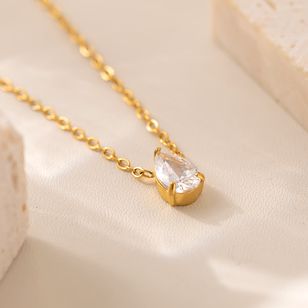 Teardrop Cubic Zirconia Pendant Necklace – 316L Stainless Steel, Waterproof, Tarnish Free, Hypoallergenic & 18K Gold Plated