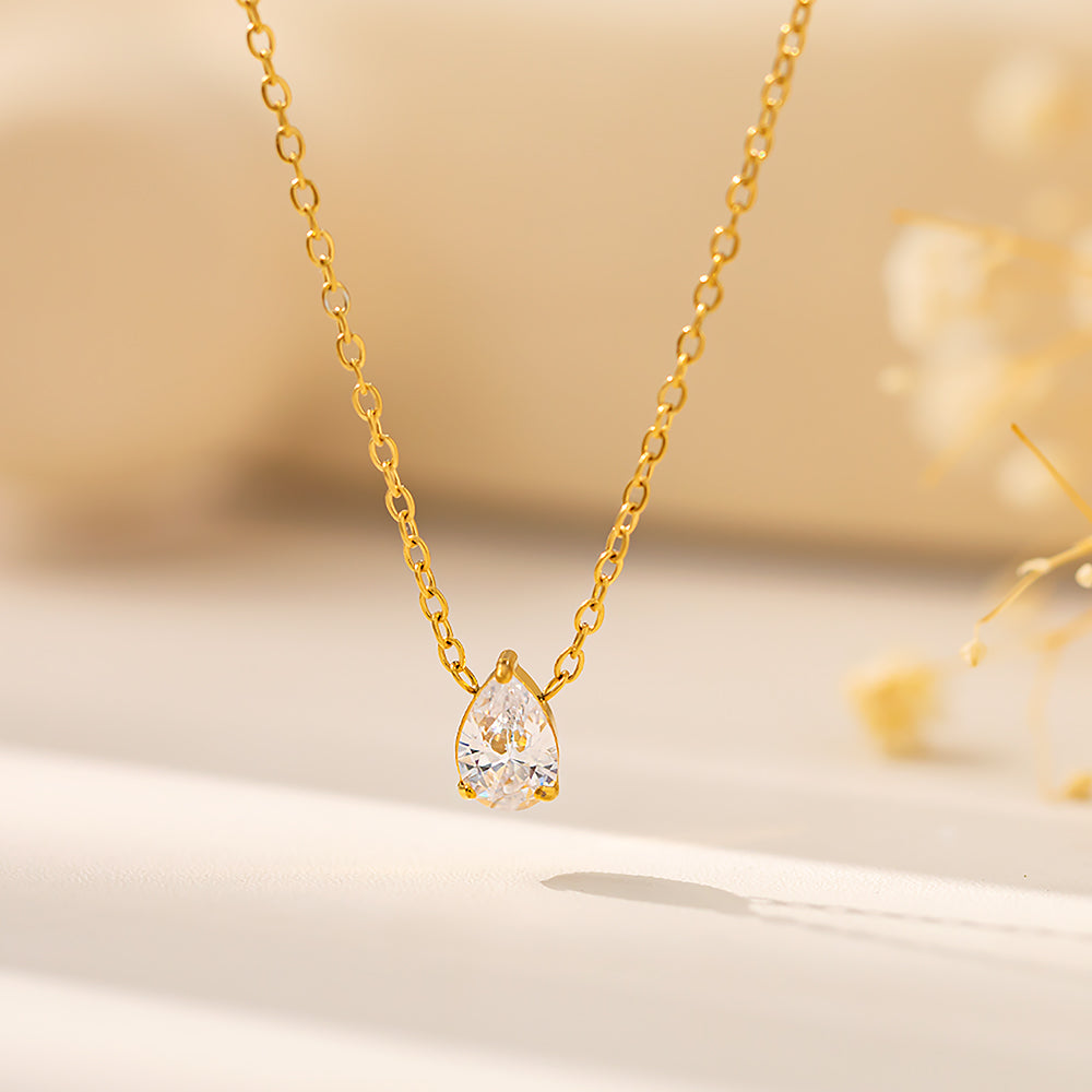 Teardrop Cubic Zirconia Pendant Necklace – 316L Stainless Steel, Waterproof, Tarnish Free, Hypoallergenic & 18K Gold Plated