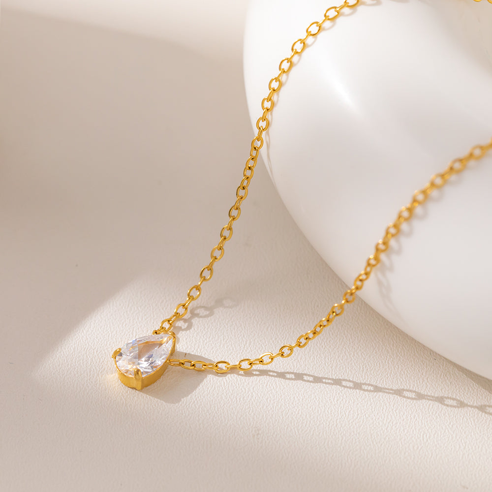 Teardrop Cubic Zirconia Pendant Necklace – 316L Stainless Steel, Waterproof, Tarnish Free, Hypoallergenic & 18K Gold Plated