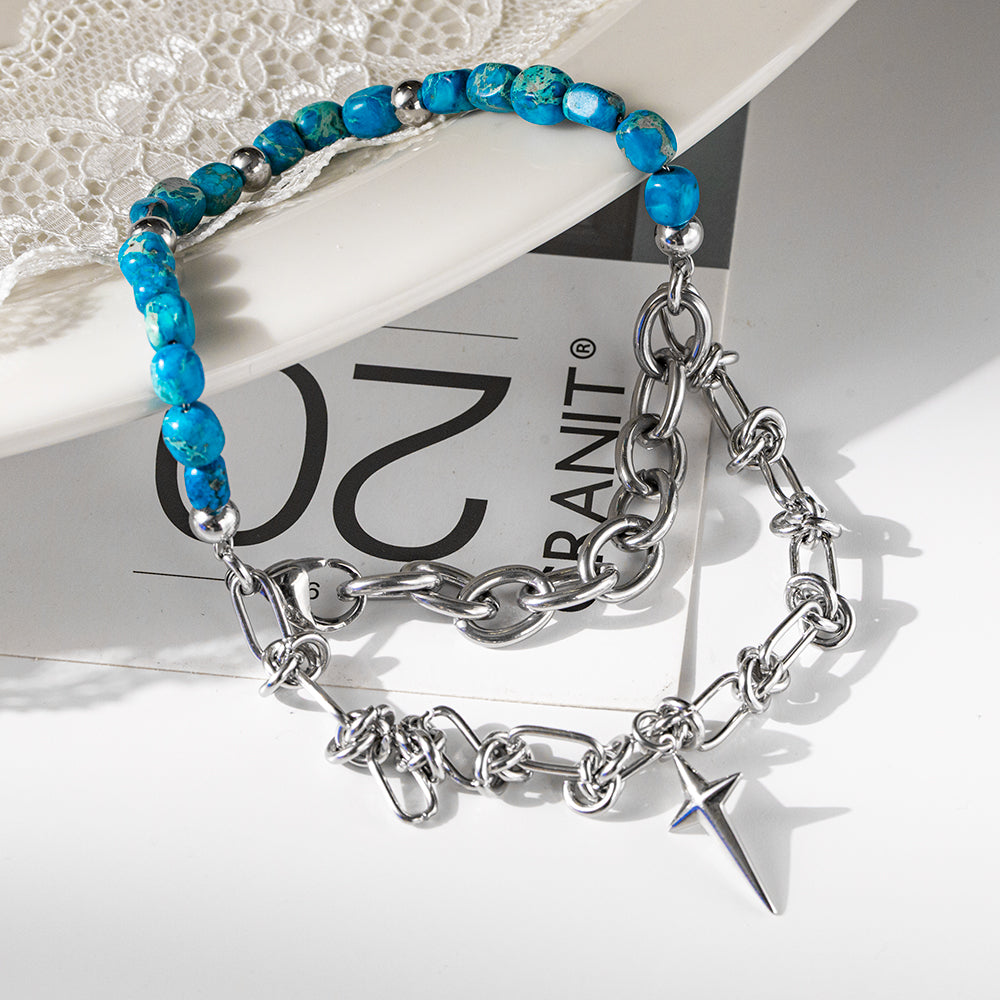 Blue Stone & Stainless Steel Layered Bracelet – Unisex Handmade Double-Layer Bracelet with Blue Stones and Stainless Steel