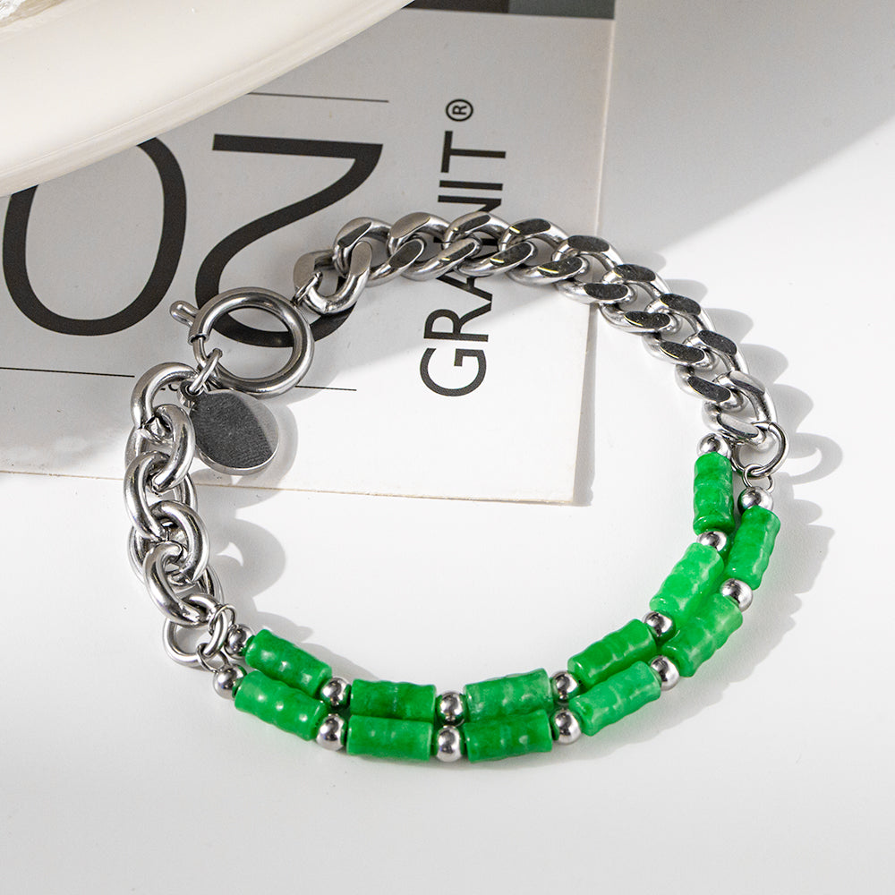 Green Bamboo Stone Layered Bracelet – Unisex Handmade Double-Layer Bamboo Stone Bracelet