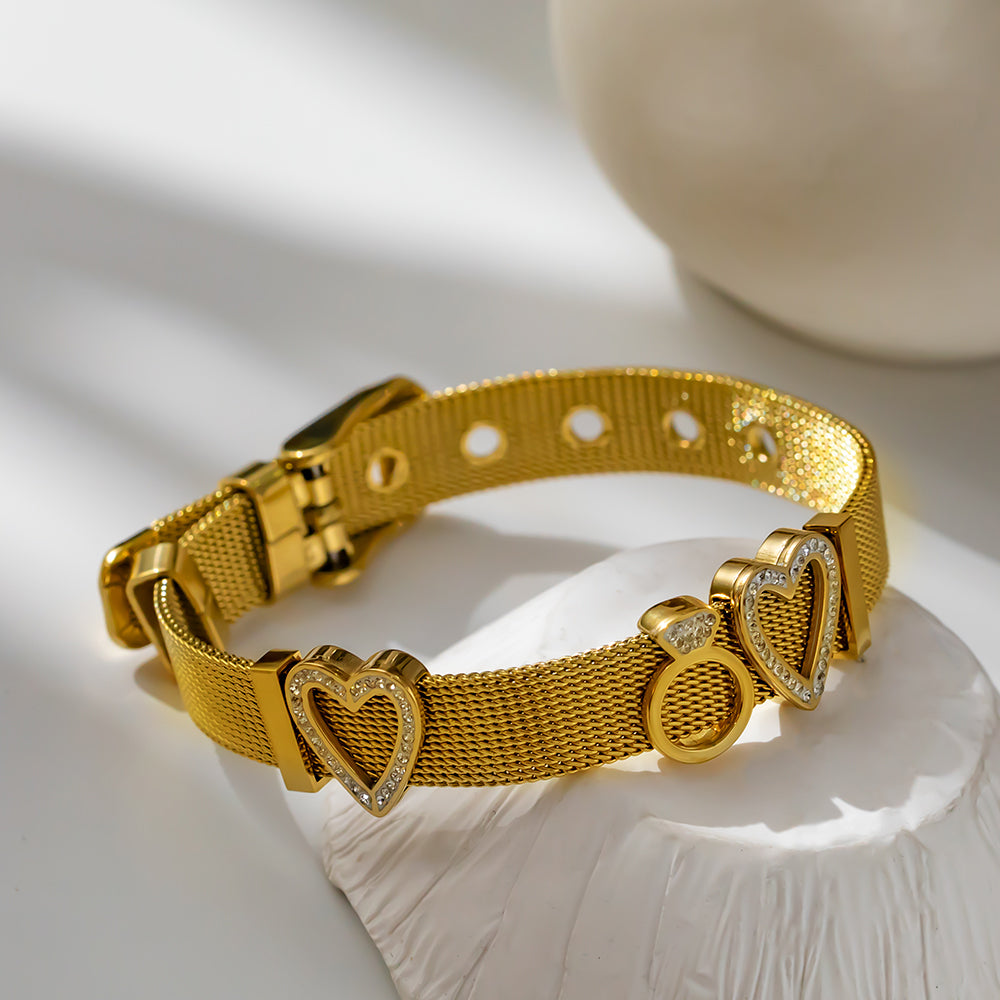 18K Gold Plated 316 Stainless Steel Heart Charm Bracelet – Waterproof, Hypoallergenic Women’s Wristband