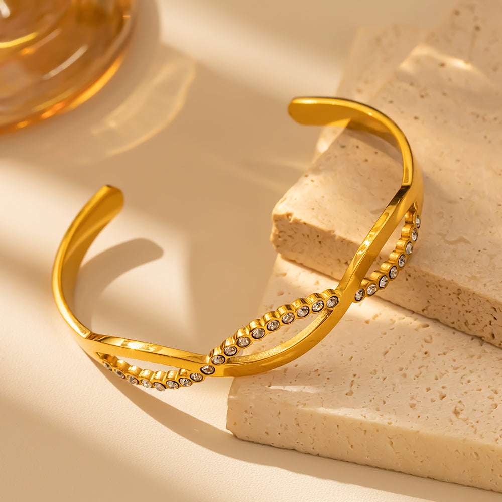 316 Stainless Steel 18K Crystal Wave C-Shaped Bracelet | Sparkling Open Design