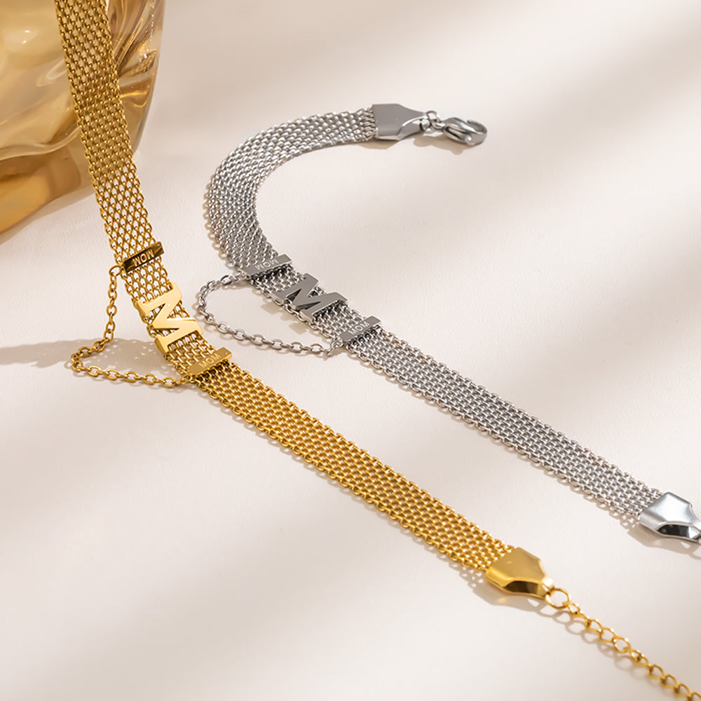 316 Stainless Steel 18K Gold Plated Wide Bracelet with “M” & “MOM” Letters | Strap Style Fashion Jewelry Mother’s Day Gift