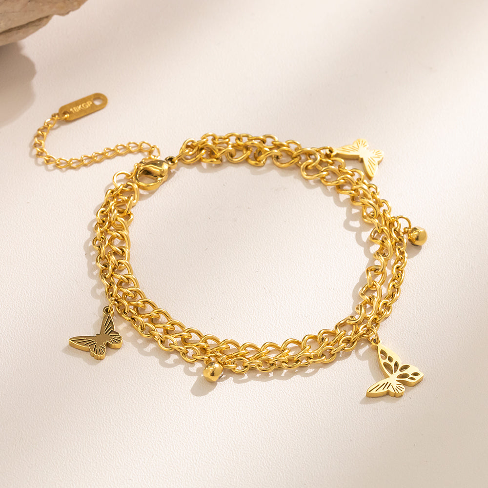 316 Stainless Steel 18K Gold Plated Layered Bracelet | Double Chain with Butterfly Charms Trendy Jewelry