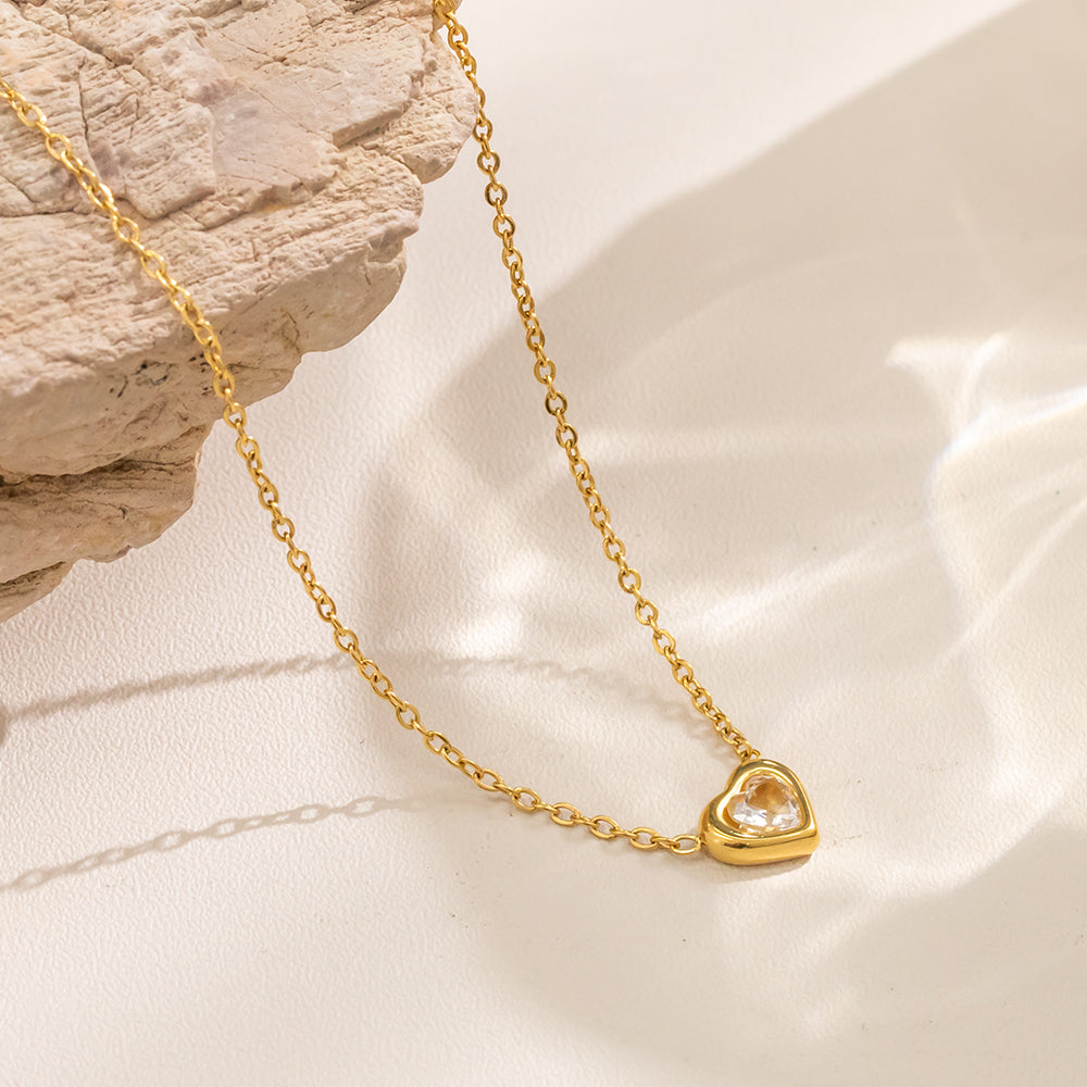 316 Stainless Steel 18K Gold Plated Heart Zircon Necklace | Sparkling Heart Pendant for Women
