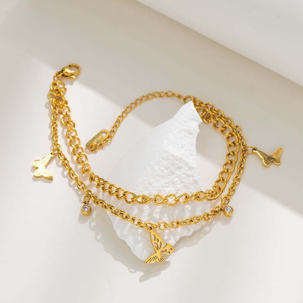 316 Stainless Steel 18K Gold Plated Layered Bracelet | Double Chain with Butterfly Charms Trendy Jewelry