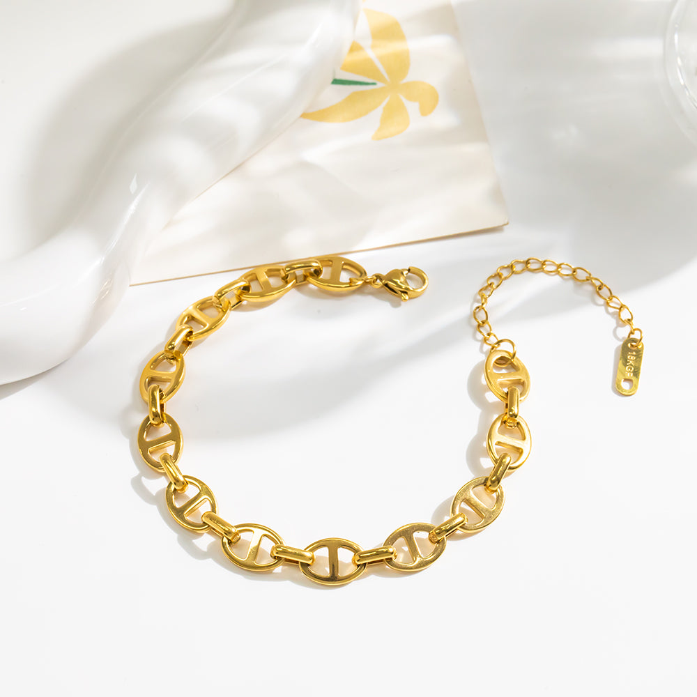 316 Stainless Steel 18K Gold Plated Pig Nose Chain Bracelet | Paperclip Style Minimalist Fashion Jewelry