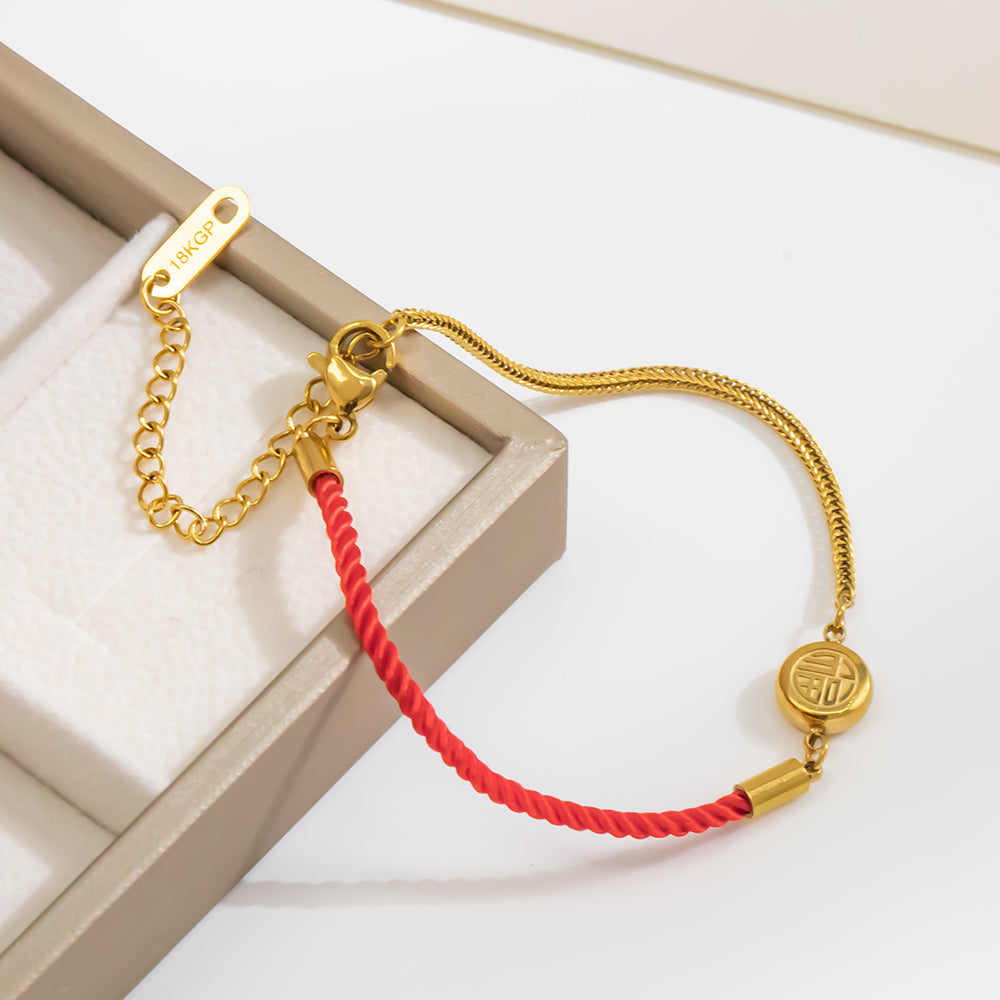 316 Stainless Steel 18K Gold Plated Red String Bracelet with “Fu” Pendant | Lucky Good Fortune Jewelry