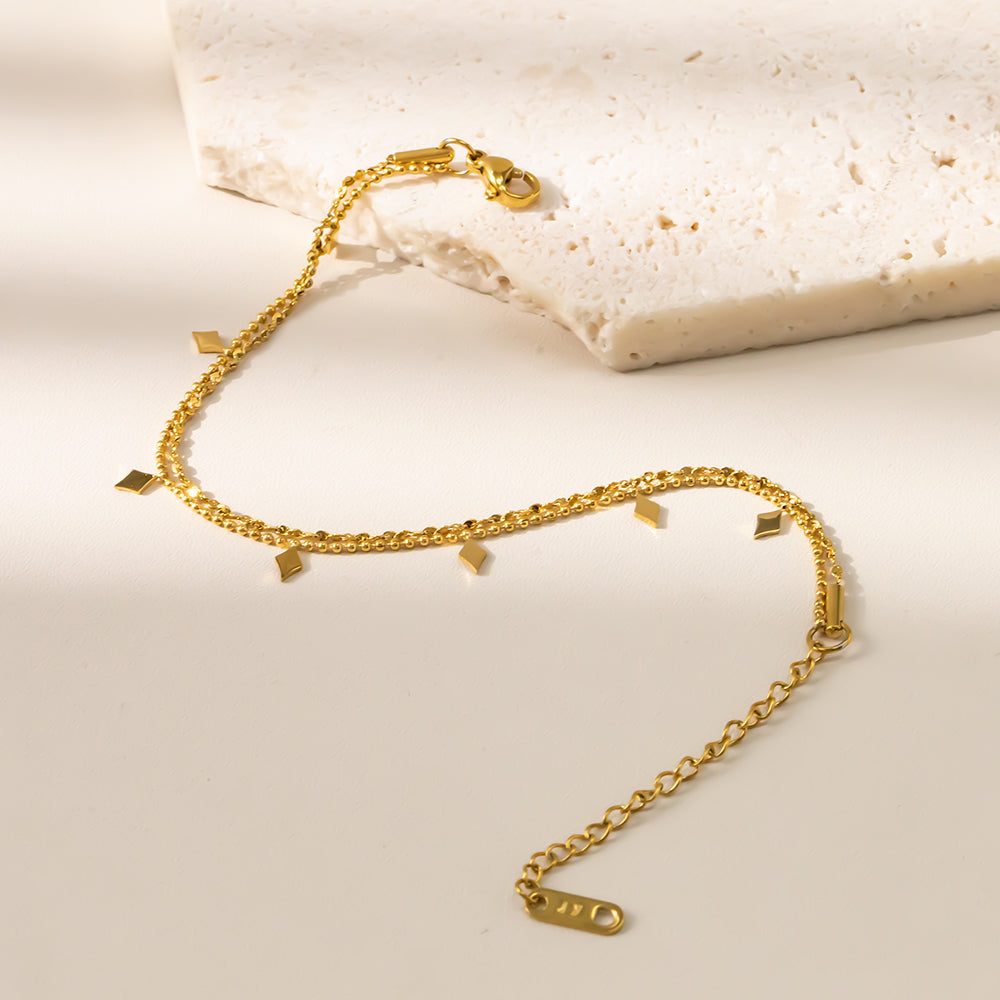 316 Stainless Steel 18K Gold Plated Layered Bracelet | Double Chain with Dangle Charms & Disc Accents