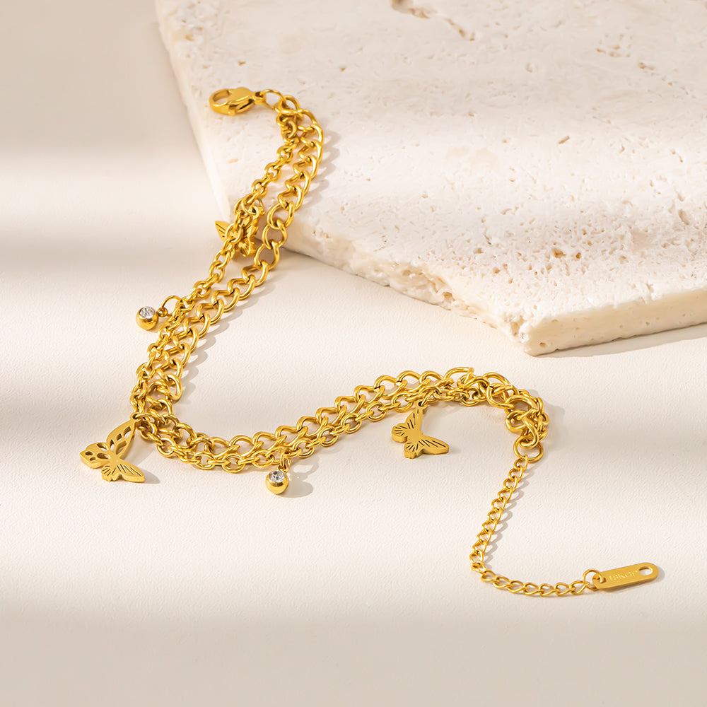316 Stainless Steel 18K Gold Plated Layered Bracelet | Double Chain with Butterfly Charms Trendy Jewelry