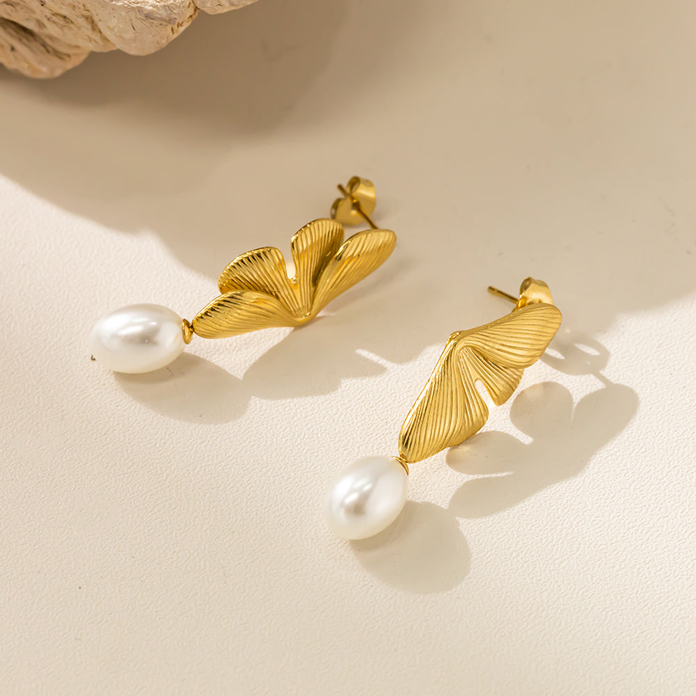 316 Stainless Steel 18K Gold Plated Leaf Shape Earrings | White Pearl Accent Minimalist Jewelry
