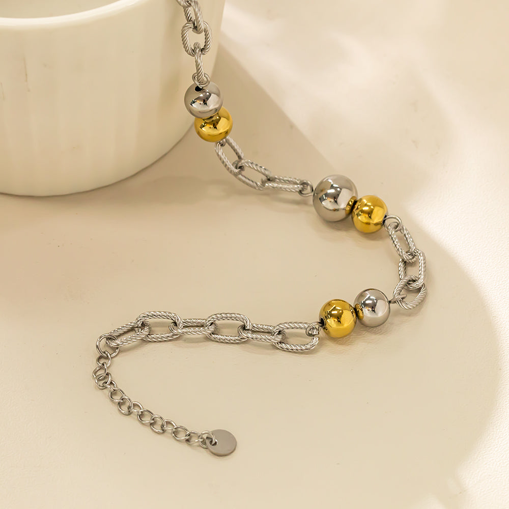 Silver Chain Bracelet with Gold and Silver Beads – 316 Stainless Steel, Hypoallergenic & Durable