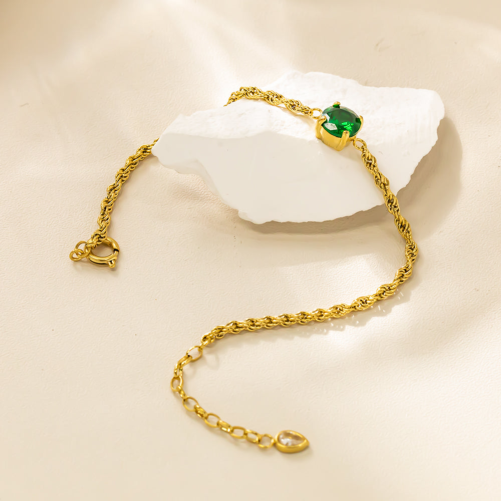 316 Stainless Steel Rope-Style Bracelet with Green Cubic Zirconia – Waterproof & Hypoallergenic