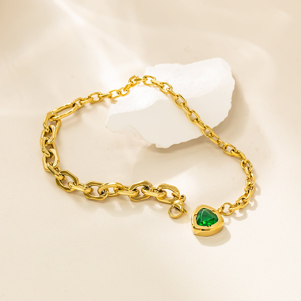 316 Stainless Steel Rope-Style Bracelet with Green Cubic Zirconia Accent on Chain End – Waterproof & Hypoallergenic