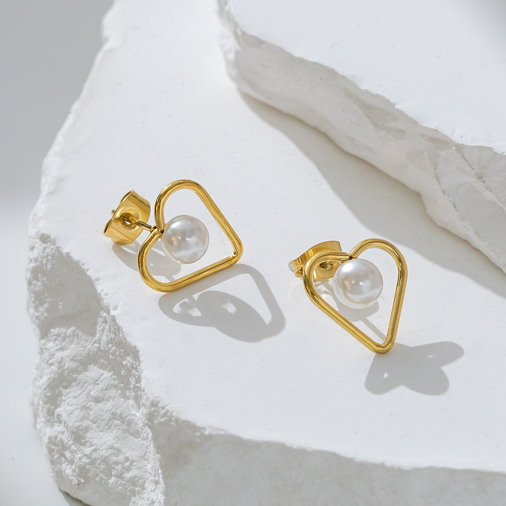 316 Stainless Steel 18K Gold Plated Hollow Heart Earrings | Bead Accented Romantic Jewelry