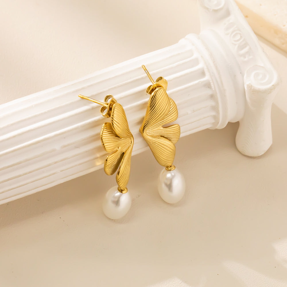 316 Stainless Steel 18K Gold Plated Leaf Shape Earrings | White Pearl Accent Minimalist Jewelry