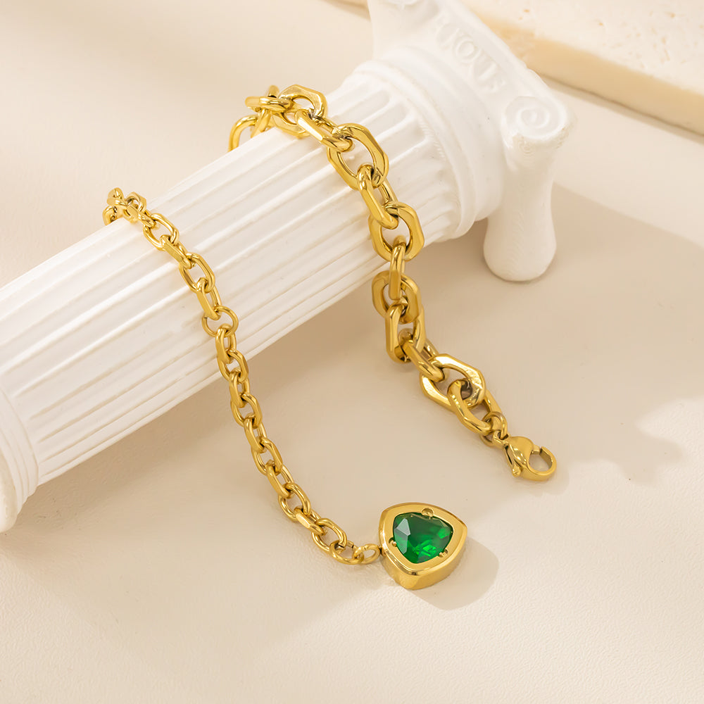 316 Stainless Steel Rope-Style Bracelet with Green Cubic Zirconia Accent on Chain End – Waterproof & Hypoallergenic