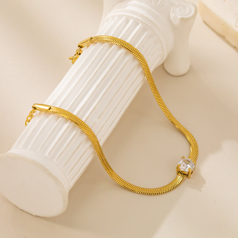 18K Gold Plated 316 Stainless Steel Snake Chain Bracelet with White Cubic Zirconia – Waterproof & Hypoallergenic