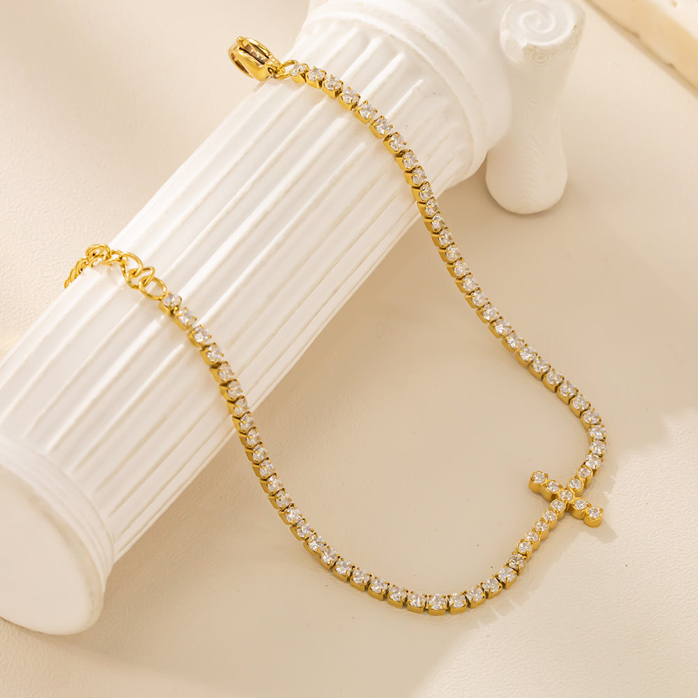 18K Gold Plated 316 Stainless Steel Full White Cubic Zirconia Bracelet with Cross Pendant – Waterproof & Hypoallergenic