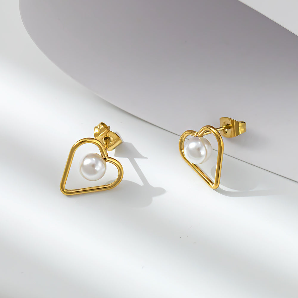 316 Stainless Steel 18K Gold Plated Hollow Heart Earrings | Bead Accented Romantic Jewelry