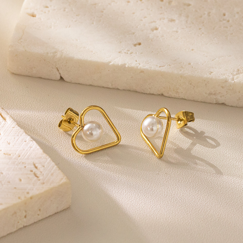 316 Stainless Steel 18K Gold Plated Hollow Heart Earrings | Bead Accented Romantic Jewelry