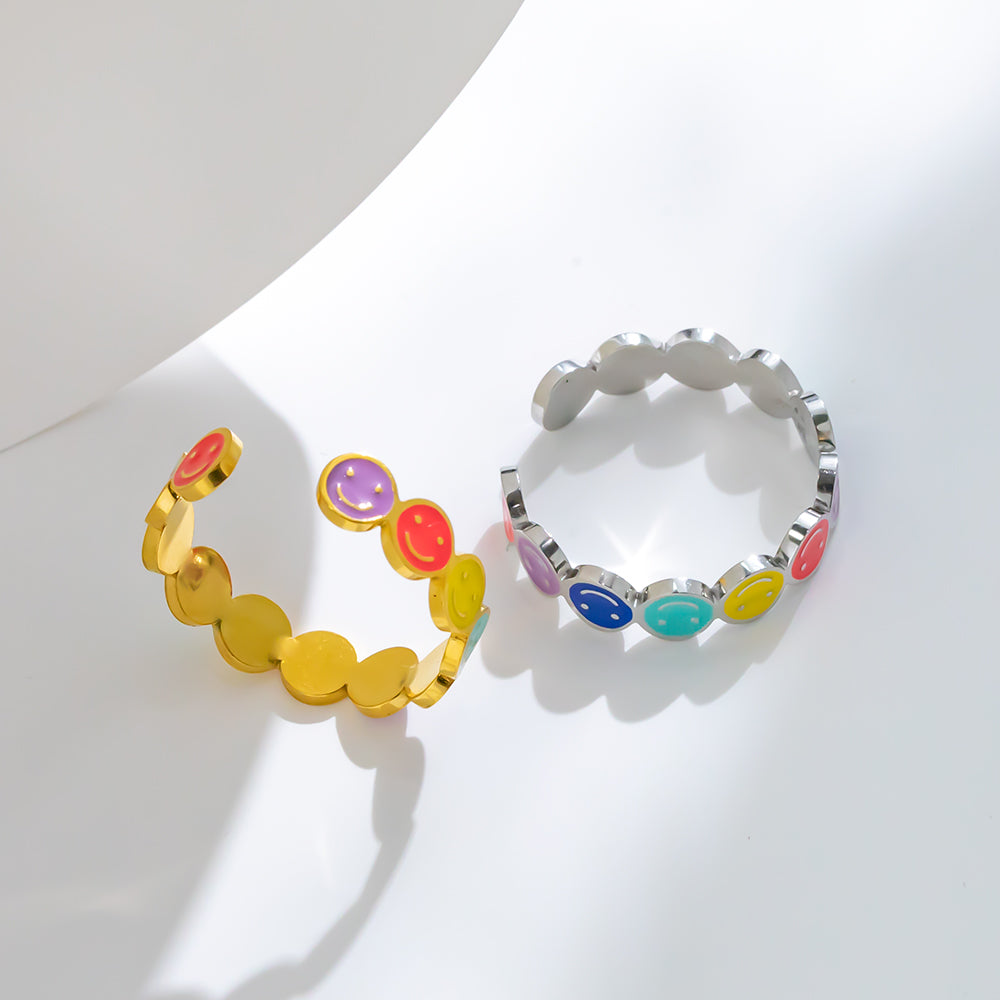 Multiple Smiley Face Open Ring – Adjustable 316L Stainless Steel, Waterproof, Tarnish Free, Hypoallergenic & 18K Gold Plated