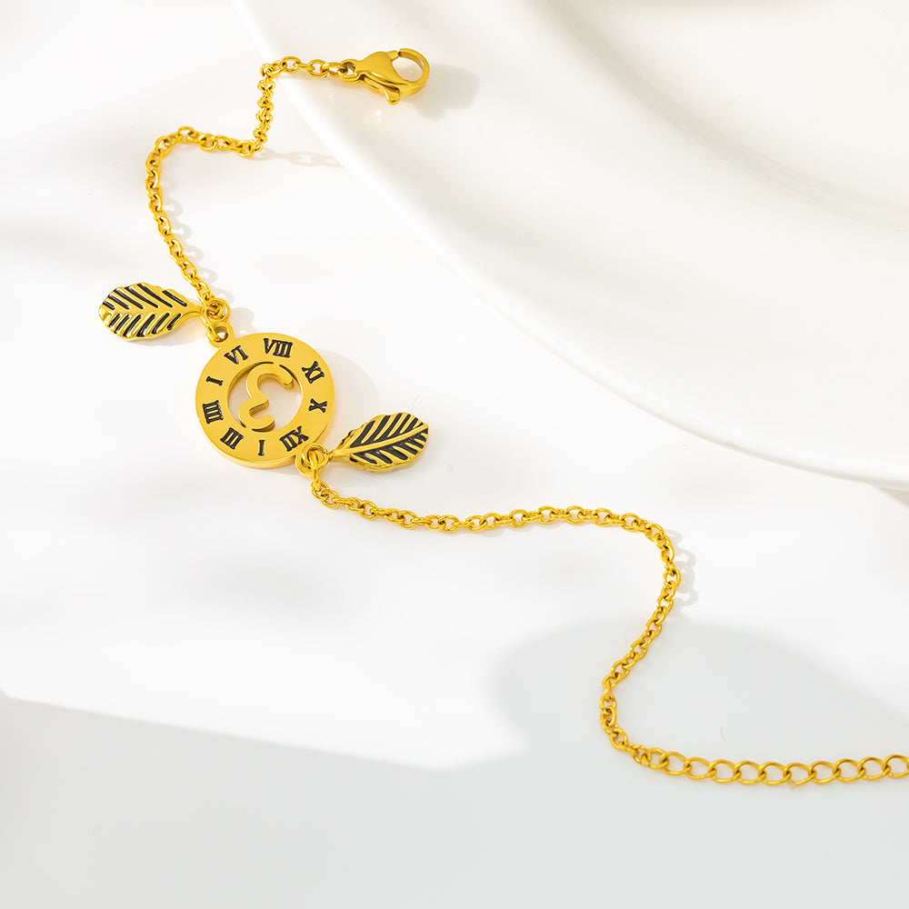 Roman Numeral Circle & Leaf Bracelet – 316L Stainless Steel, Waterproof, Tarnish Free, Hypoallergenic & 18K Gold Plated