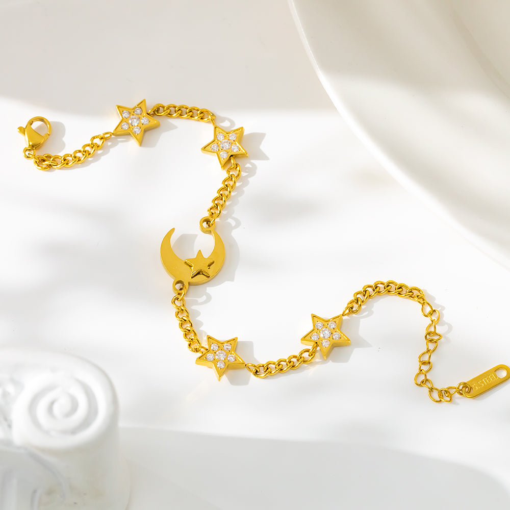 316L Stainless Steel Star & Moon Bracelet – Celestial Design, Hypoallergenic & Tarnish Free