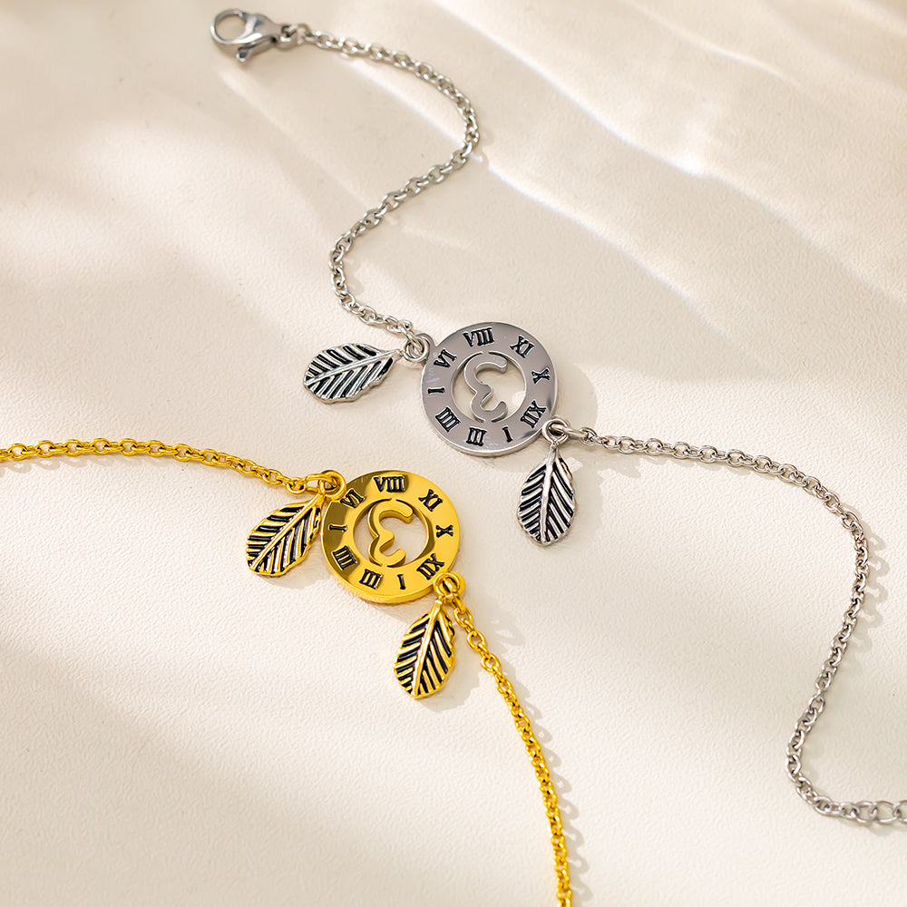 Roman Numeral Circle & Leaf Bracelet – 316L Stainless Steel, Waterproof, Tarnish Free, Hypoallergenic & 18K Gold Plated