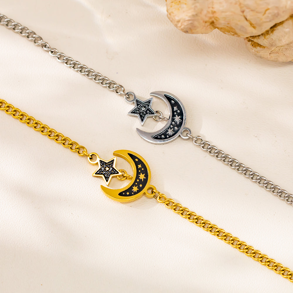 316L Stainless Steel Moon & Star Pendant Bracelet – Minimalist Celestial Design, Hypoallergenic & Fade Resistant