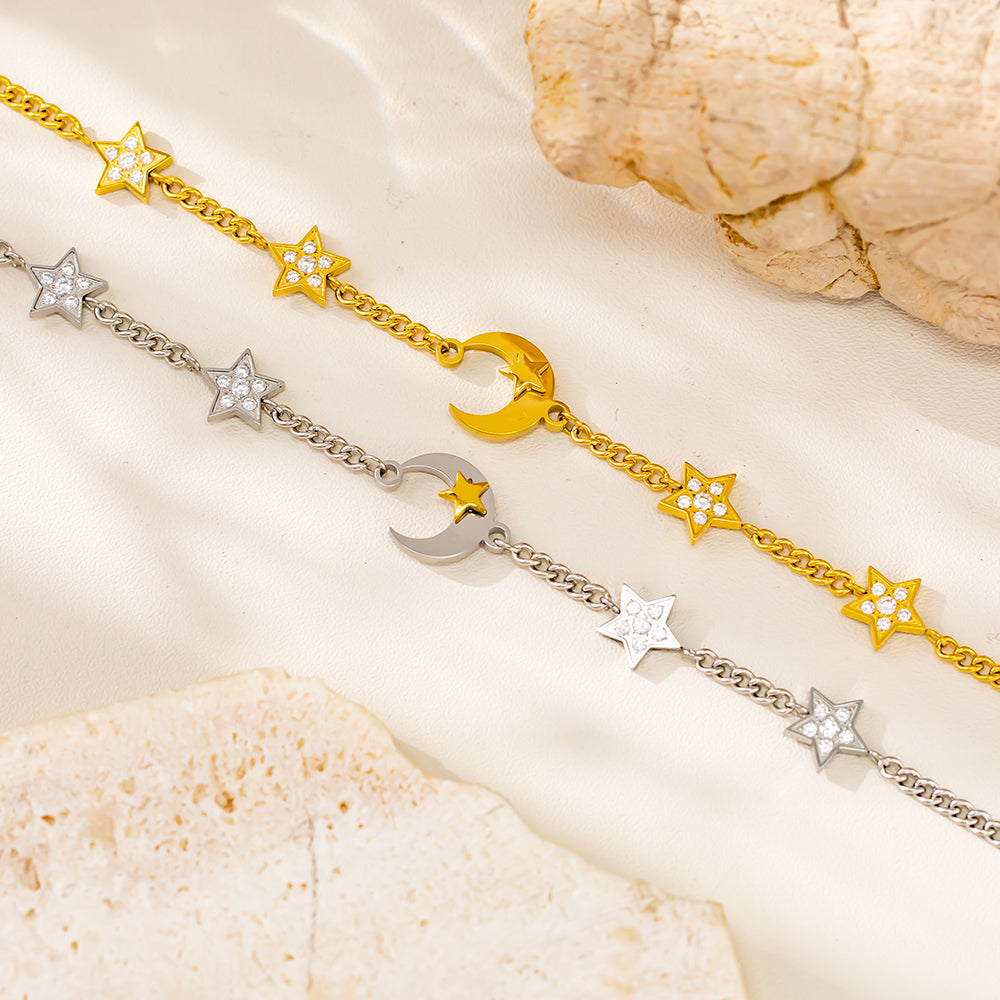 316L Stainless Steel Star & Moon Bracelet – Celestial Design, Hypoallergenic & Tarnish Free