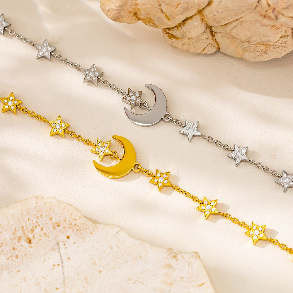 Moon Pendant with Surrounding Stars Bracelet – 316L Stainless Steel, Waterproof, Tarnish Free, Hypoallergenic & 18K Gold Plated