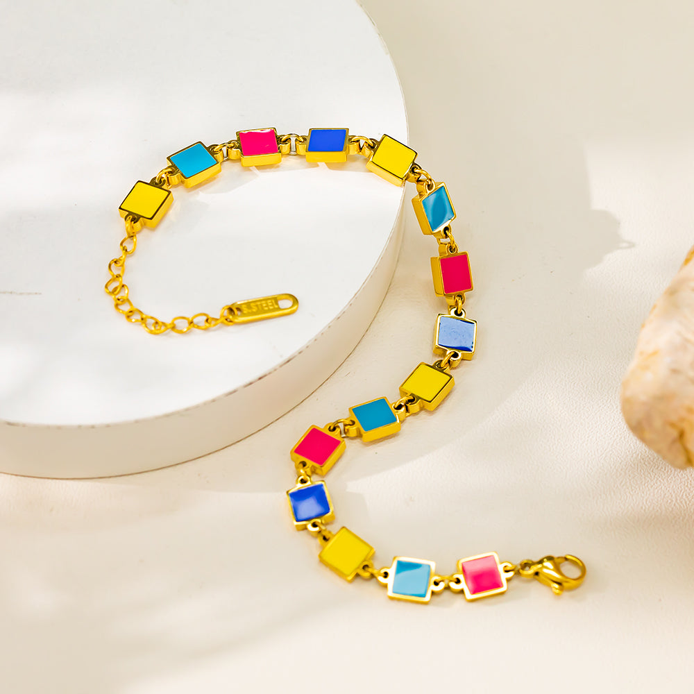 316L Stainless Steel Enamel Bracelet – Colorful Geometric Design, Hypoallergenic & Fade Resistant