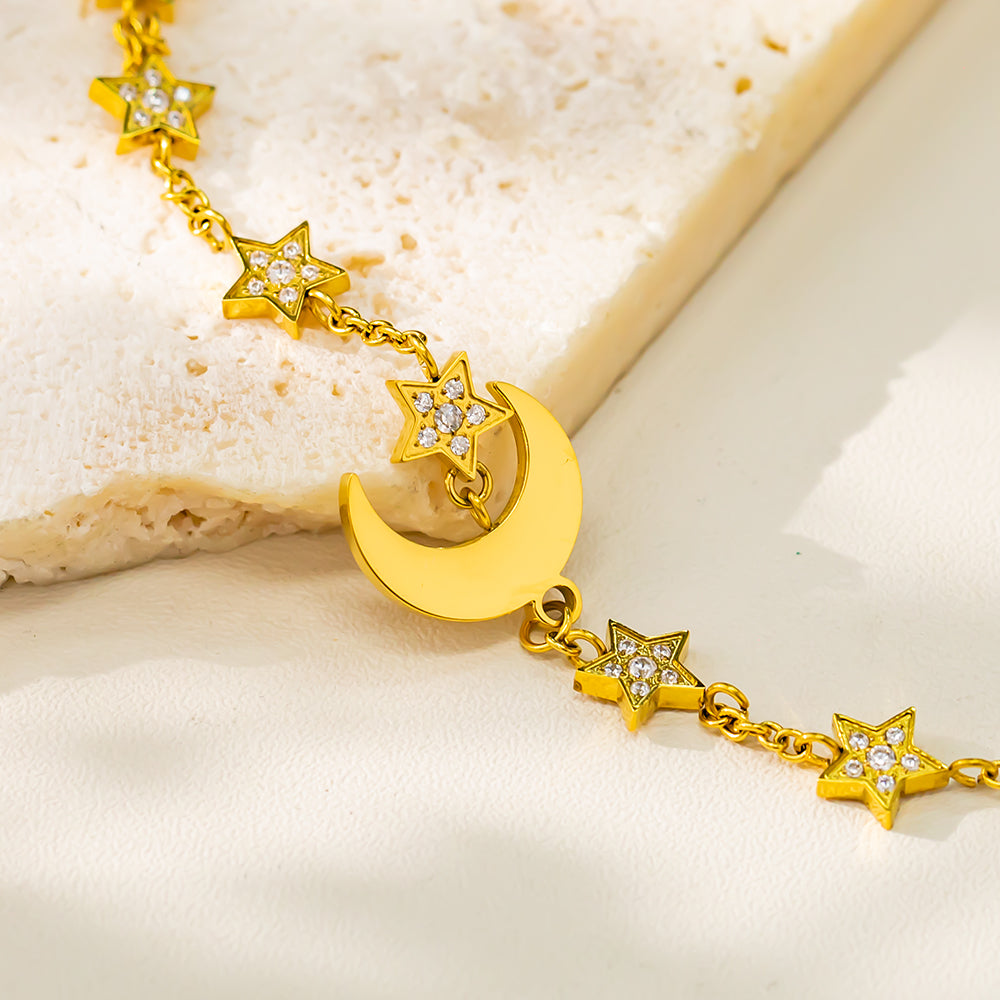 Moon Pendant with Surrounding Stars Bracelet – 316L Stainless Steel, Waterproof, Tarnish Free, Hypoallergenic & 18K Gold Plated