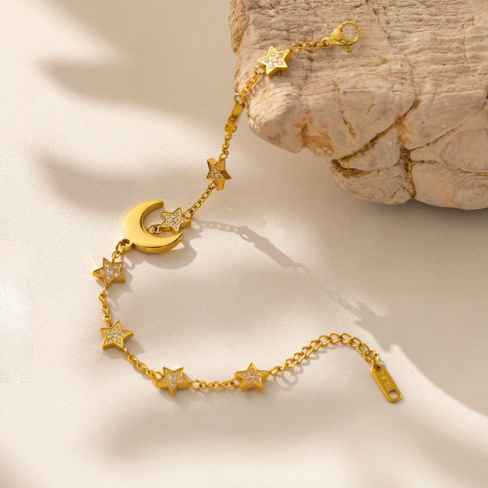 Moon Pendant with Surrounding Stars Bracelet – 316L Stainless Steel, Waterproof, Tarnish Free, Hypoallergenic & 18K Gold Plated