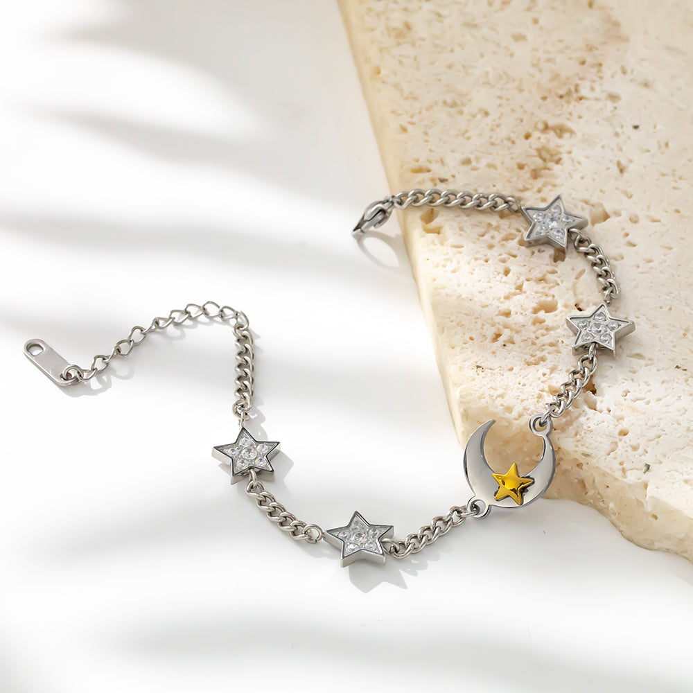 316L Stainless Steel Star & Moon Bracelet – Celestial Design, Hypoallergenic & Tarnish Free