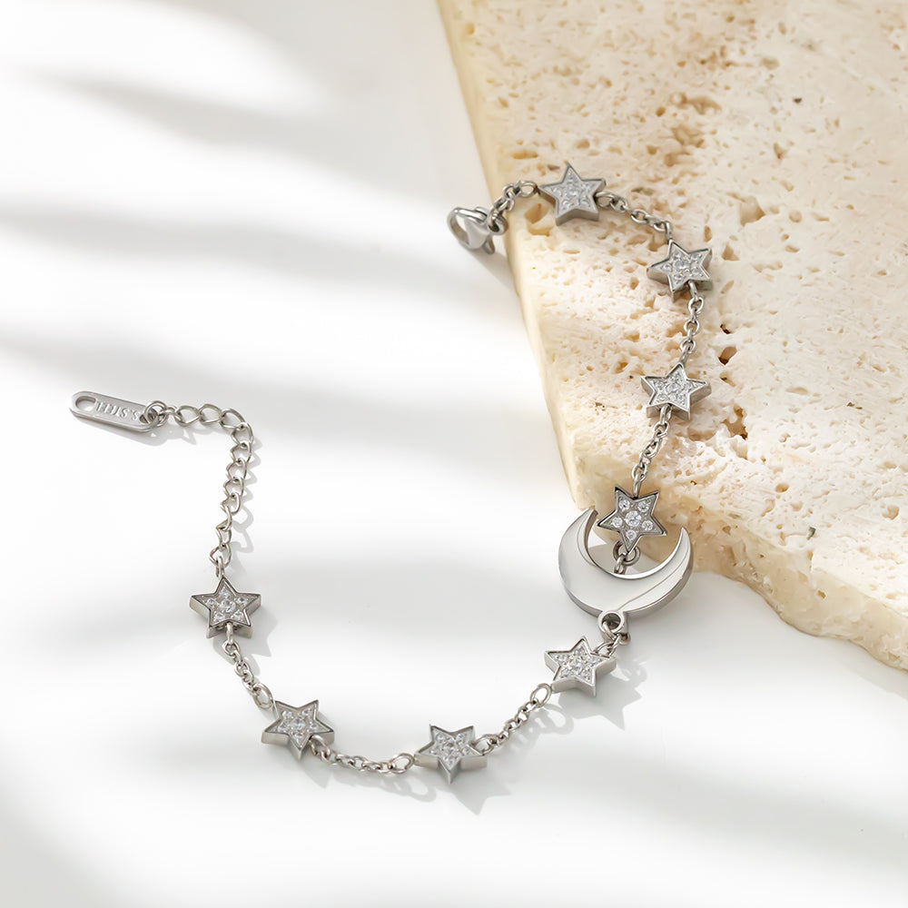Moon Pendant with Surrounding Stars Bracelet – 316L Stainless Steel, Waterproof, Tarnish Free, Hypoallergenic & 18K Gold Plated