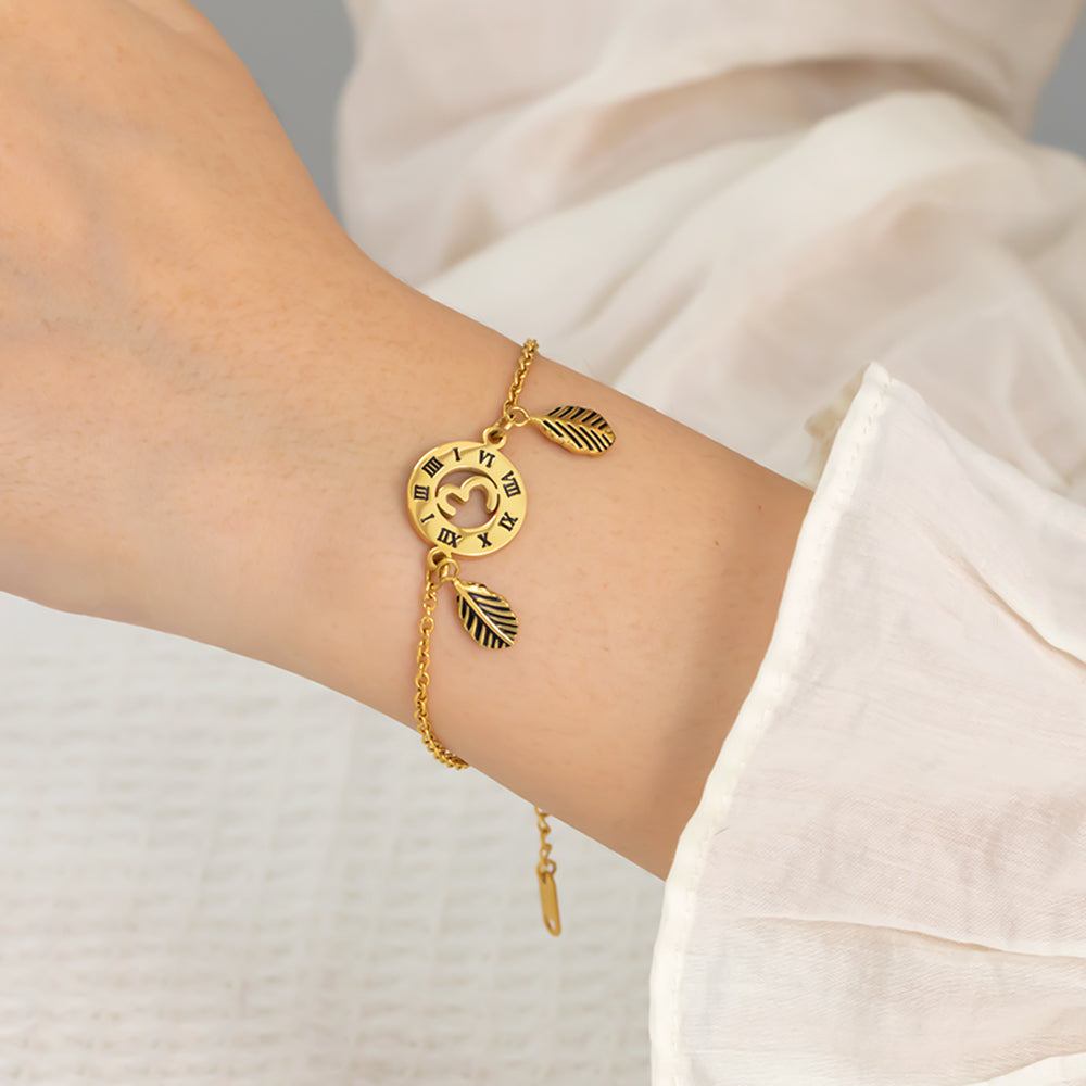 Roman Numeral Circle & Leaf Bracelet – 316L Stainless Steel, Waterproof, Tarnish Free, Hypoallergenic & 18K Gold Plated