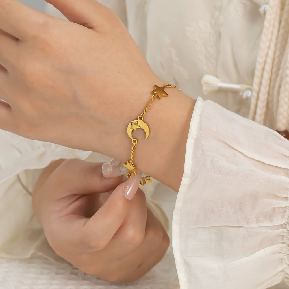 316L Stainless Steel Star & Moon Bracelet – Celestial Design, Hypoallergenic & Tarnish Free