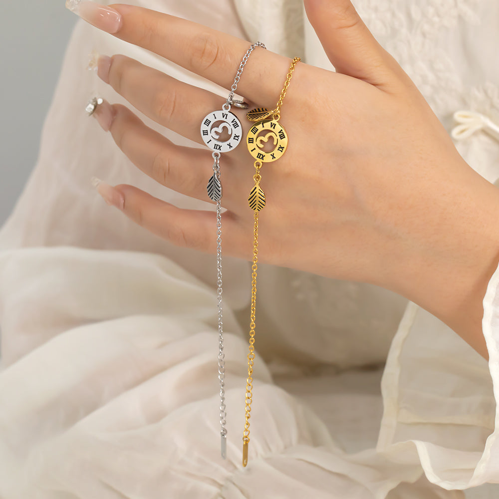 Roman Numeral Circle & Leaf Bracelet – 316L Stainless Steel, Waterproof, Tarnish Free, Hypoallergenic & 18K Gold Plated