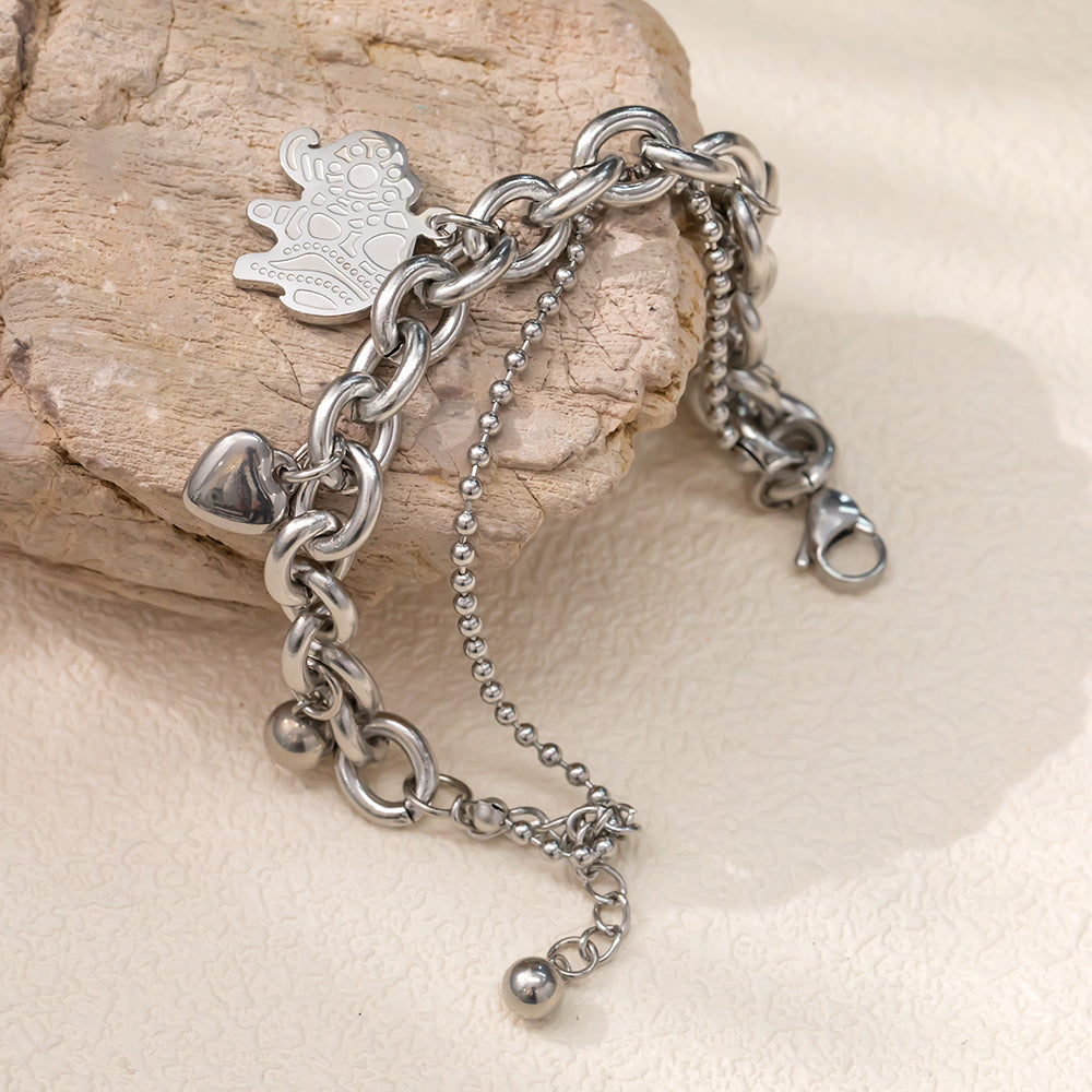 Double-Layer Charm Bracelet – Beads, Heart & Elephant, Unique Design